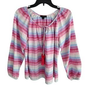 J. Crew Rainbow Striped Silver Metallic Weave Tassel Peasant Top Womens Small